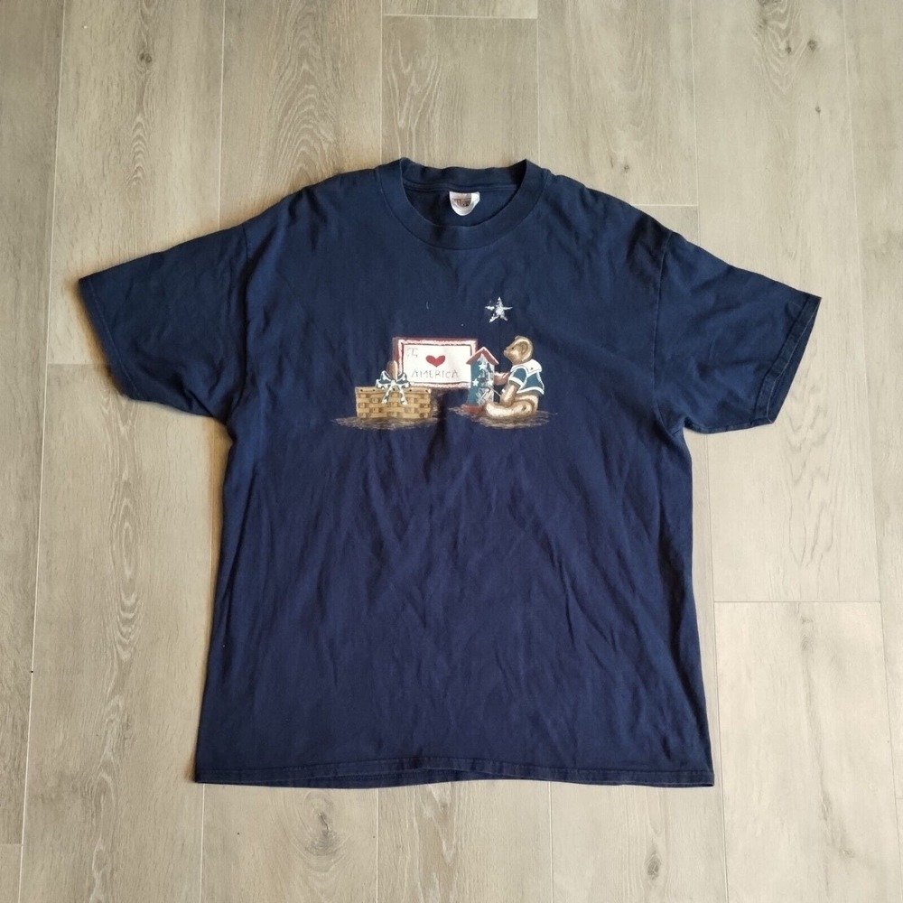 Vintage Shirt XL I Love America Hanes Beefy Tag Blue Short Sleeve Teddy Bear